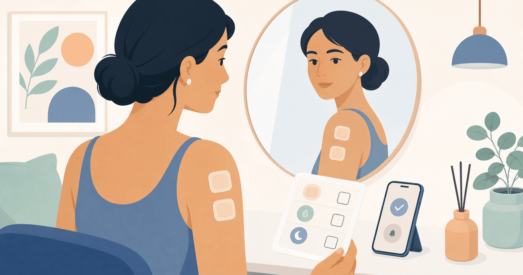 Une femme illustrée vérifie un journal de dose après avoir remarqué deux patchs d'estradiol sur son bras.