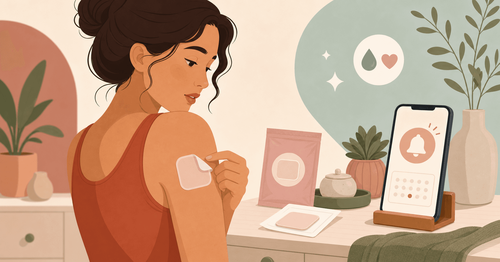 An illustrated woman noticing that an estradiol patch has partly lifted from her skin.