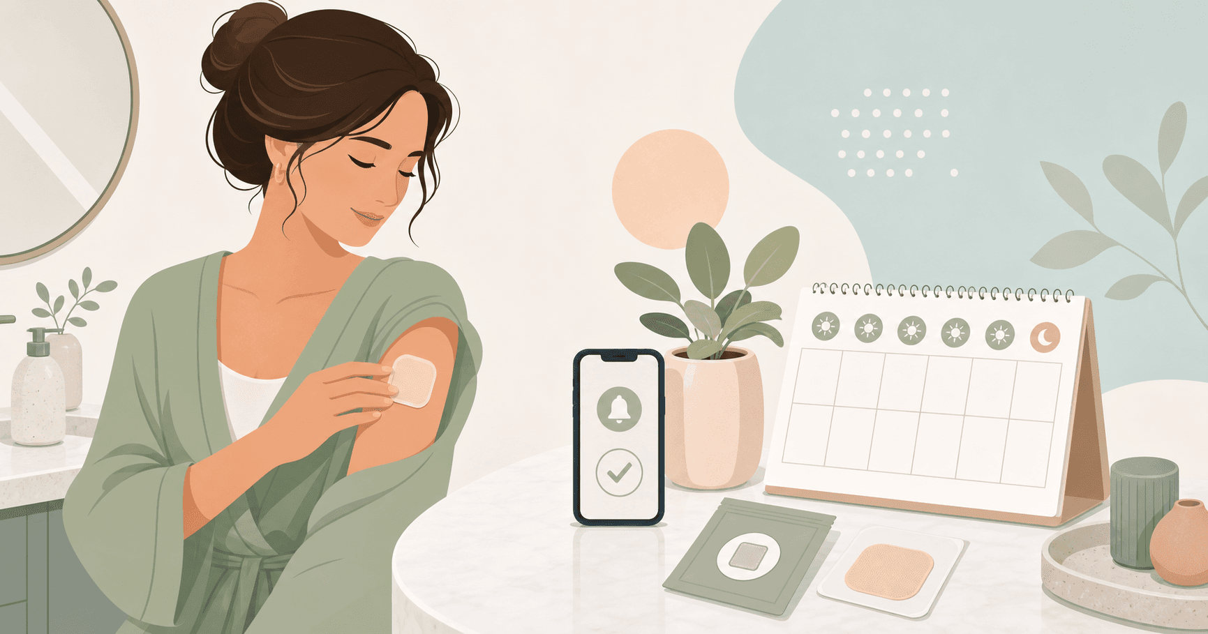An illustrated woman checking an estradiol patch routine beside a phone reminder and calendar.