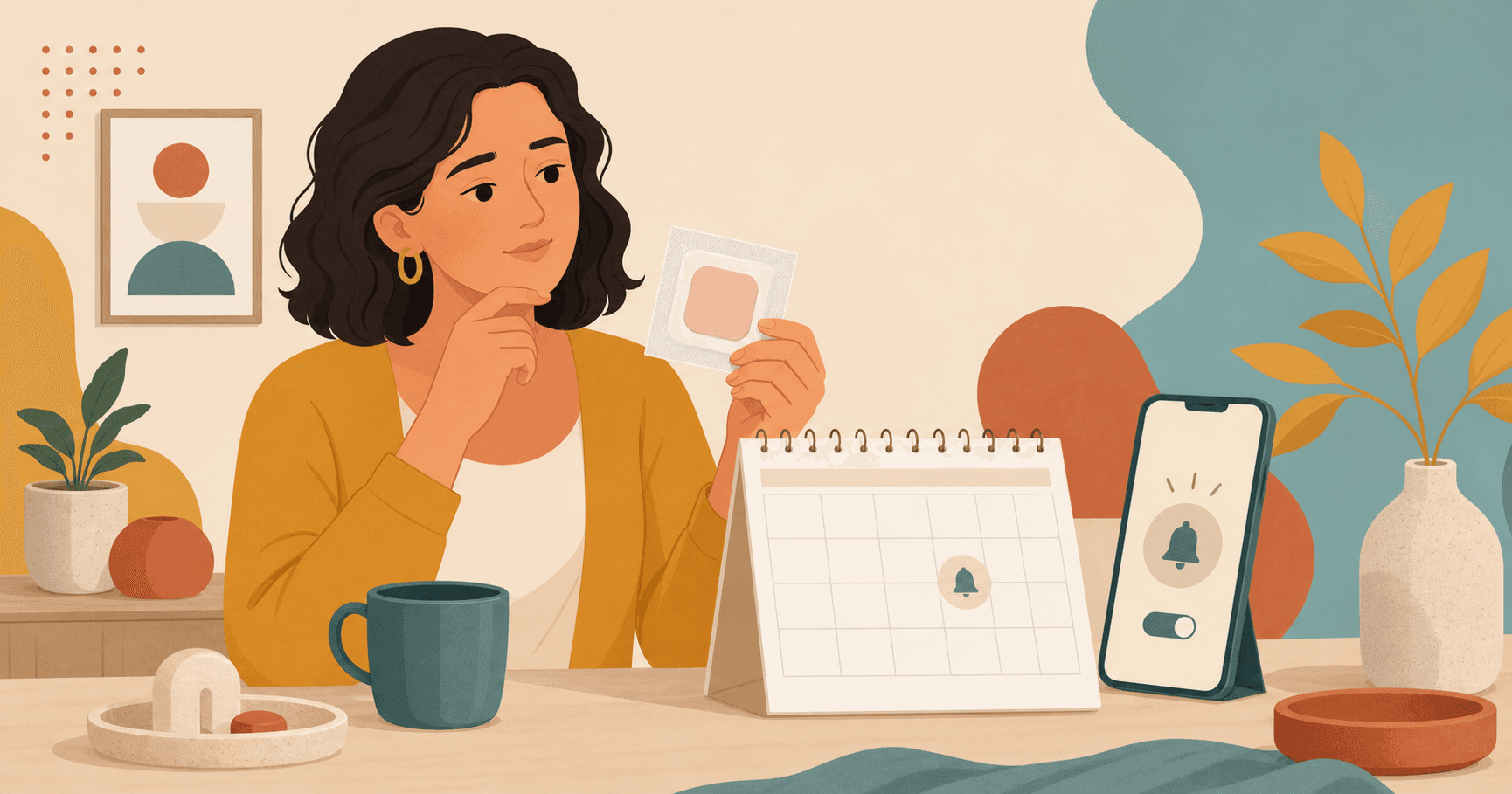 Une femme illustrée tient un patch d'estradiol neuf pres d'un calendrier et d'un rappel téléphonique.