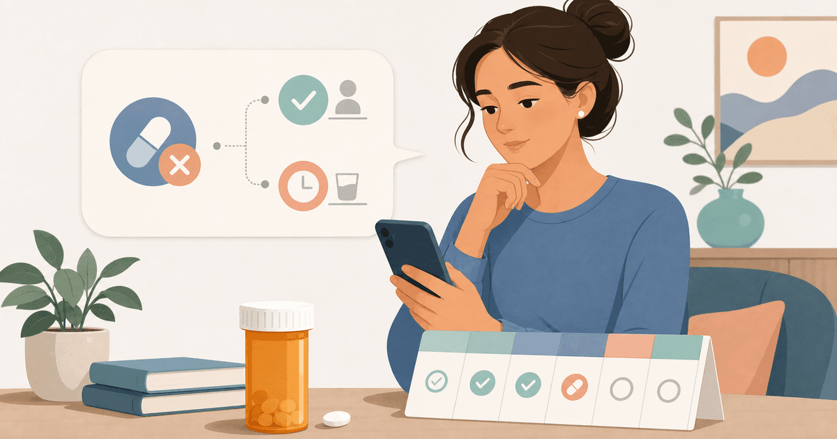 Una donna illustrata controlla un promemoria per i farmaci accanto a un flacone di compresse e a un programma delle dosi.