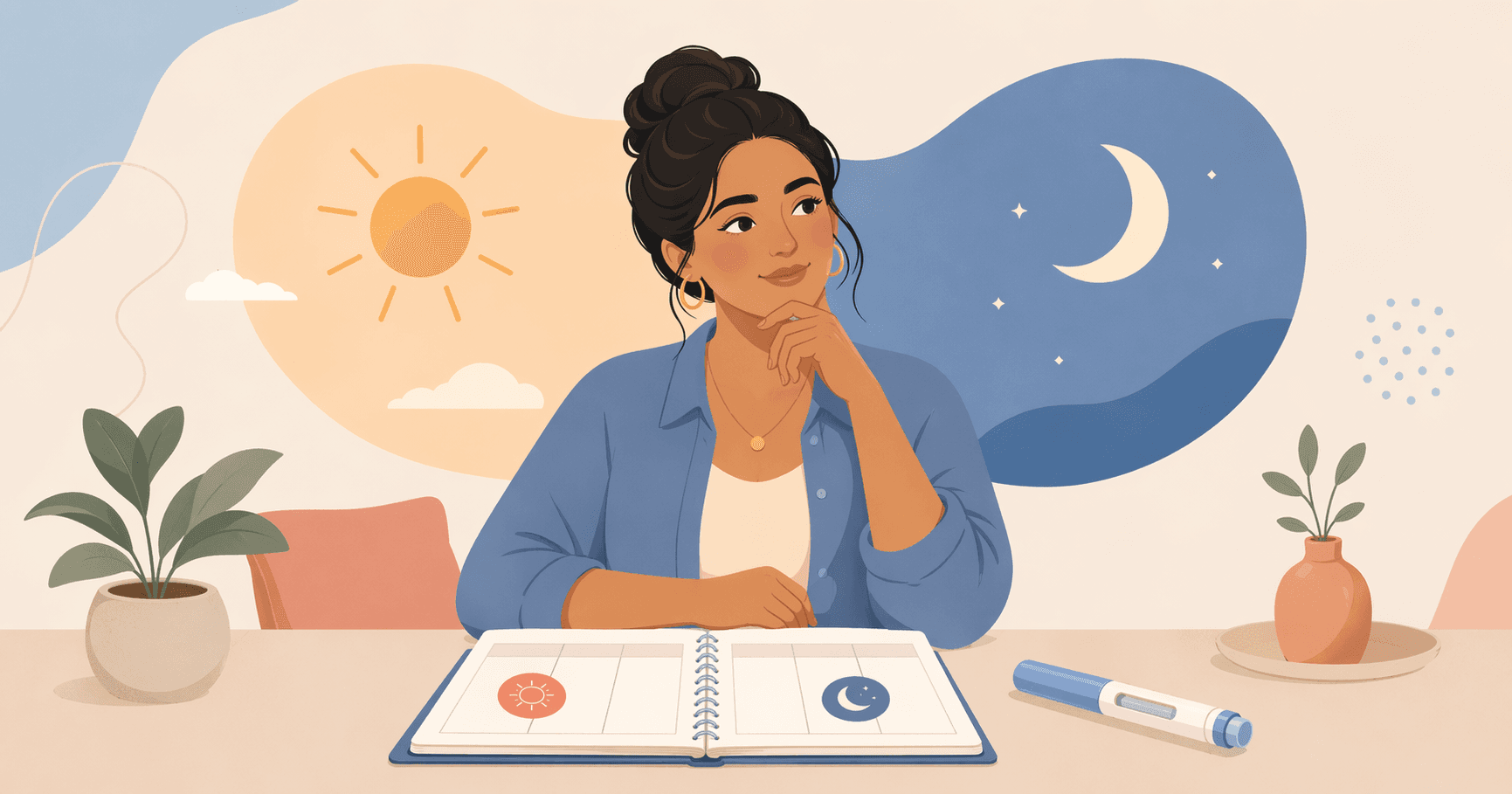 An illustrated woman planning a weekly injection routine with sun and moon symbols.