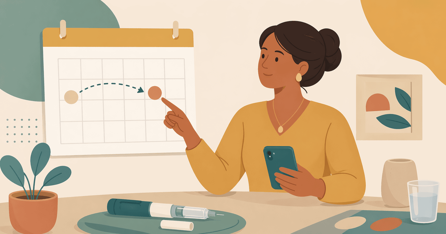 Eine illustrierte Frau, die ihre wöchentliche Injektionsroutine auf einen neuen Tag verschiebt, mit einer Telefonerinnerung in der Nähe.