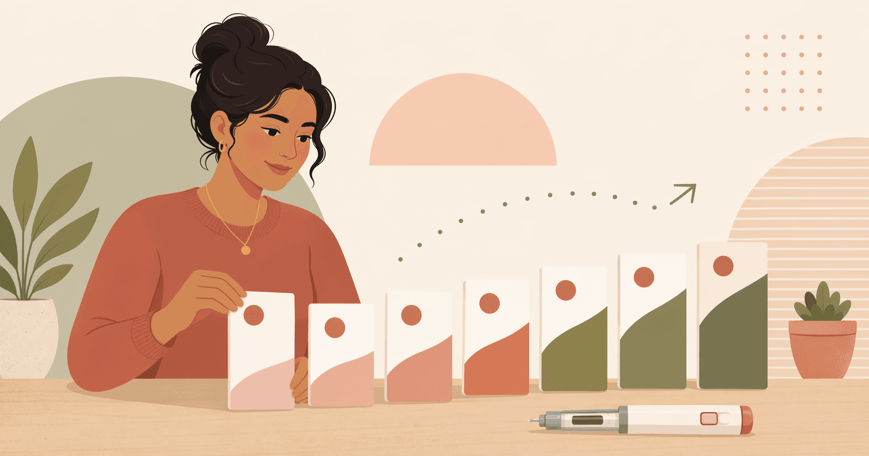 An illustrated person organizing a weekly medication sequence beside an injection pen.