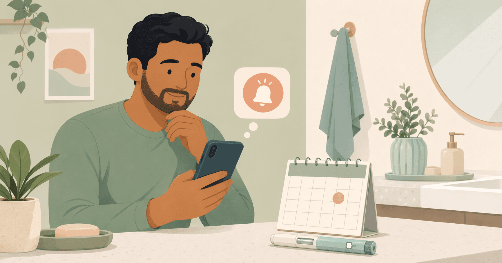 Un'illustrazione di un uomo che controlla un promemoria settimanale del farmaco accanto a una penna per iniezione.