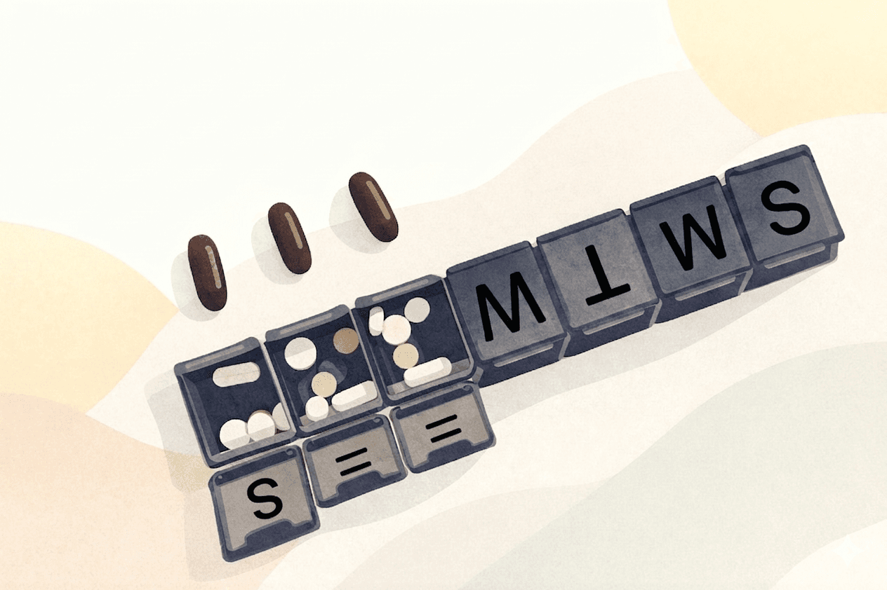 Um organizador semanal de comprimidos com medicação.