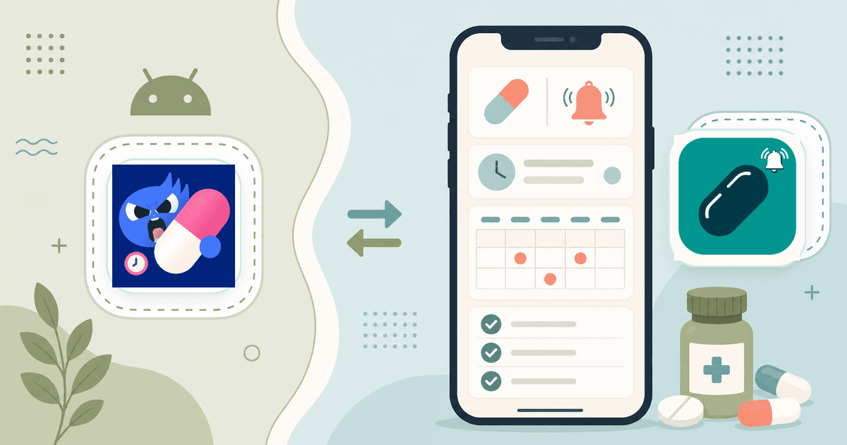 Pillo app icon beside a smartphone medication reminder screen and the MyMedAlert app icon.