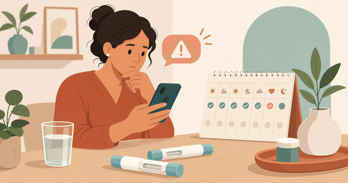 Une personne illustrée consulte un journal de prise sur un téléphone à côté de deux stylos d'injection bouchés.